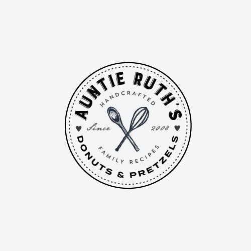 Black logo with the title 'Create a striking, old fashioned logo for Auntie Ruth's Doughnuts!'