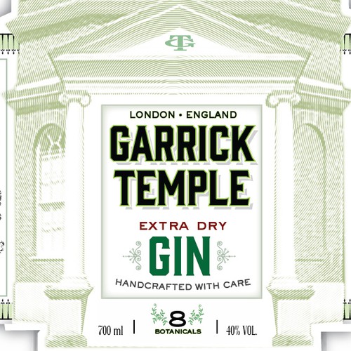 Liquor label with the title 'Garrick Temple Gin'