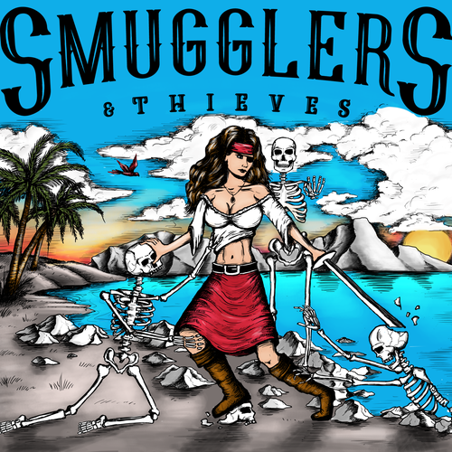 Skeleton design with the title 'Smugglers and thieves pirate t-shirt design'