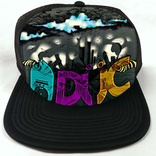 Cap design with the title 'TRUCKER CAP art needed. Funky, edgy inspiration wanted. We are aTENNIS co. '