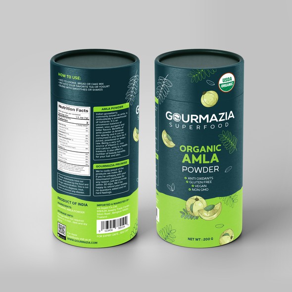 Organic packaging with the title 'Organic Amla Powder Canister Desgin'