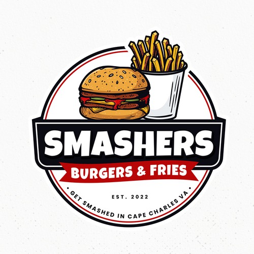 Burger brand with the title 'Top Beachtown Food Truck, Burgers and Fries logo'
