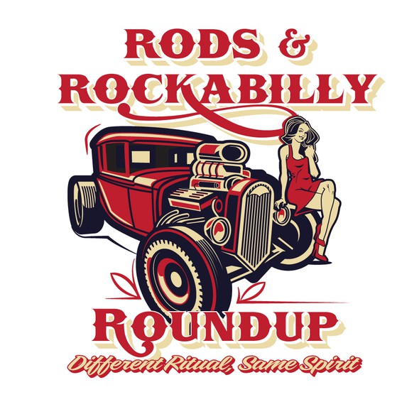 标题为“Rods and Rockabilly Roundup”的经典汽车标志