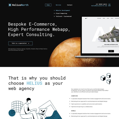 Illustrated website with the title 'Space Theme UI / UX Design for Software Company'