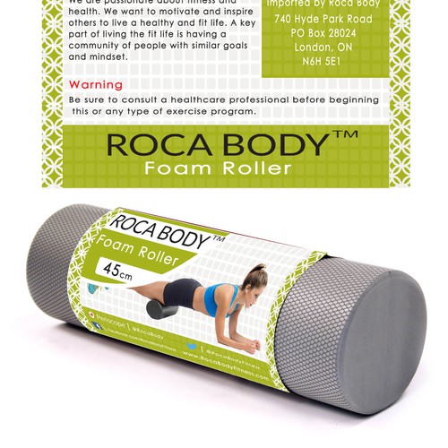 Fitness packaging with the title 'package label for exercise roller'