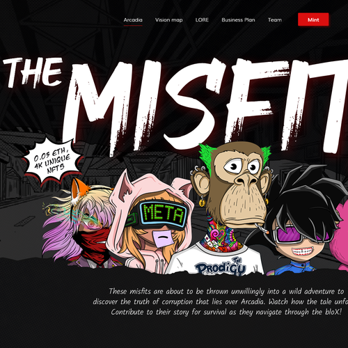 Black and white website with the title 'The Misfits NFT'