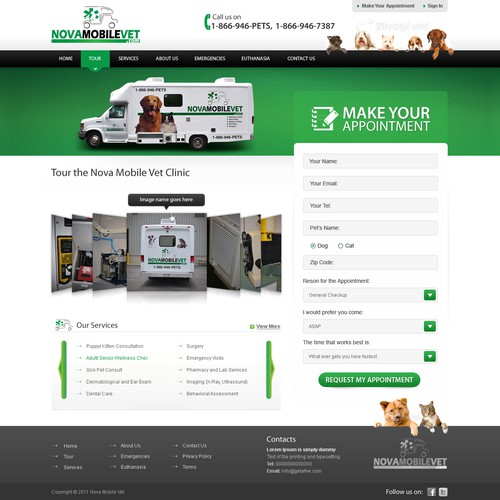 Pet website with the title 'NovaMobileVet Home page design'