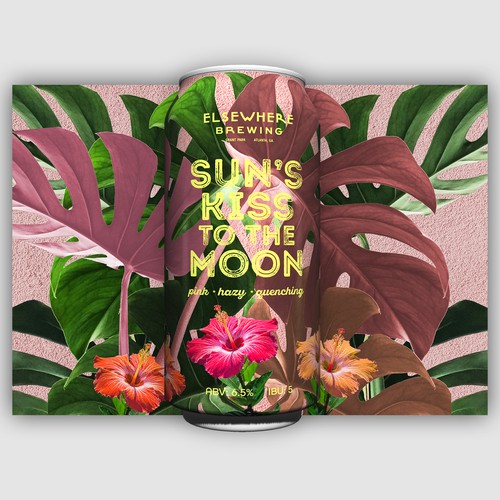 Pink label with the title 'Detailed, playful and loud beer can design'
