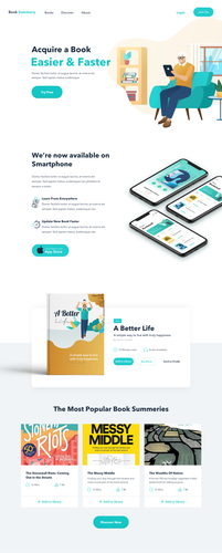 Sketch website with the title 'Landing page concept for Book summary mobile app'