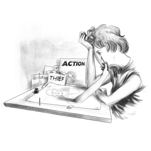 Black and white illustration with the title 'Hesitation is the Thief of Action'