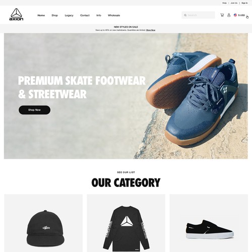 Retail website with the title 'Premium Skate Footwear and Streetwear Brand Website Design & Shopify Implementation'
