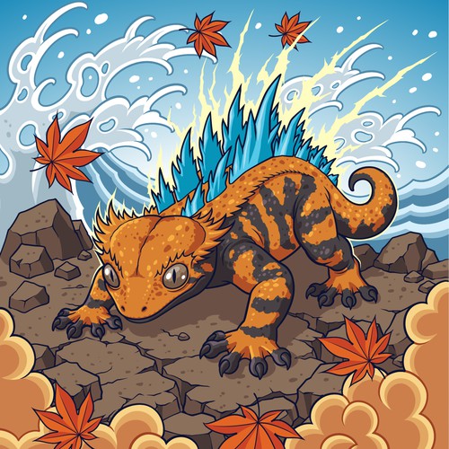 Illustration with the title 'Awesome fictional crested gecko'
