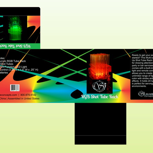 Bar packaging with the title 'RGB Shot Tube Rack'