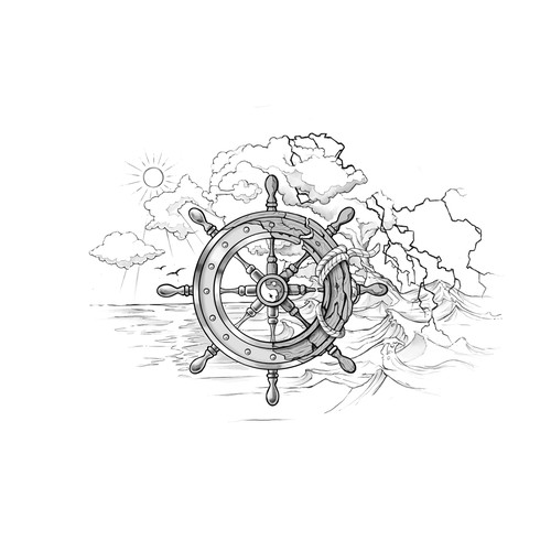 Nautical design with the title 'Yin & Yang Boat Wheel Tattoo'