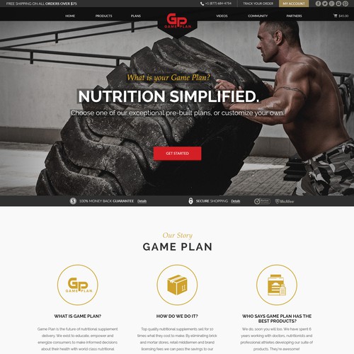 Nutrition website with the title 'Landing Page Design for Game Plan'