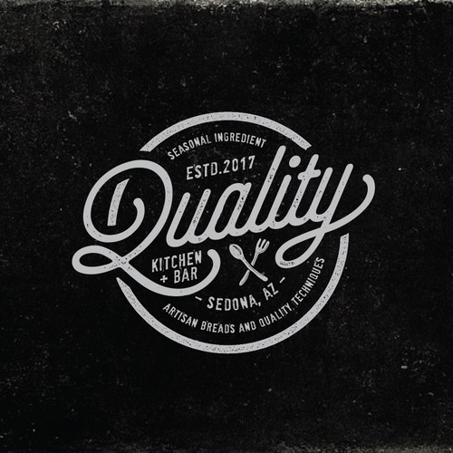 Stamp logo with the title 'vintage and organic logo for Quality Kitchen + Bar in Sedona, AZ.'