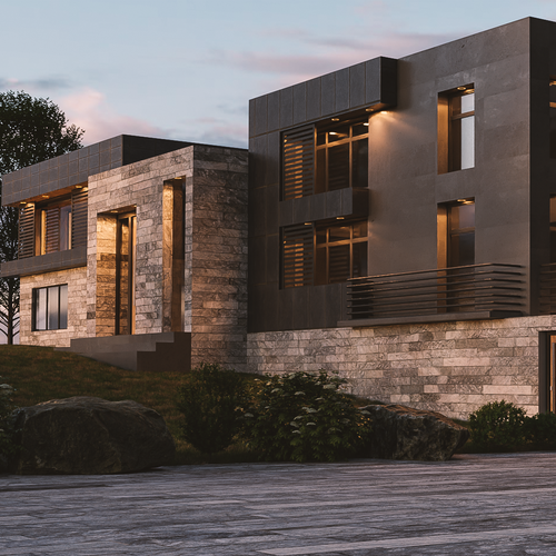 Exterior design with the title '3d Render of a Contemporary Residence'
