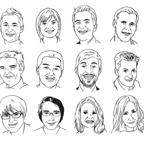 Pencil artwork with the title 'Create 12 digital portrait style line-drawings of Bit Zesty staff members'