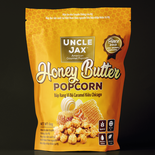 Honey packaging with the title 'Pack for Honey Butter Popcorn'