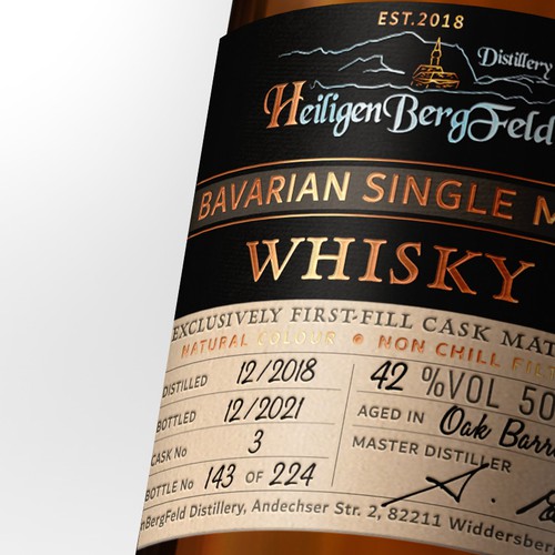 Package label with the title 'First Single Malt Whisky from HeiligenBergFeld Distillery - Germany'