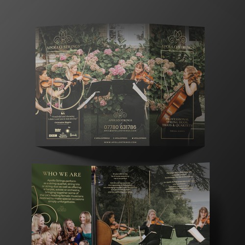Tri-fold design with the title 'Leaflet for Elegant Wedding Musicians'