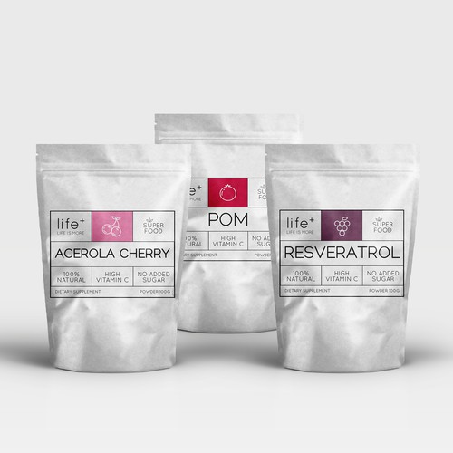 Pouch design with the title 'Life+ Dietary Supplement'