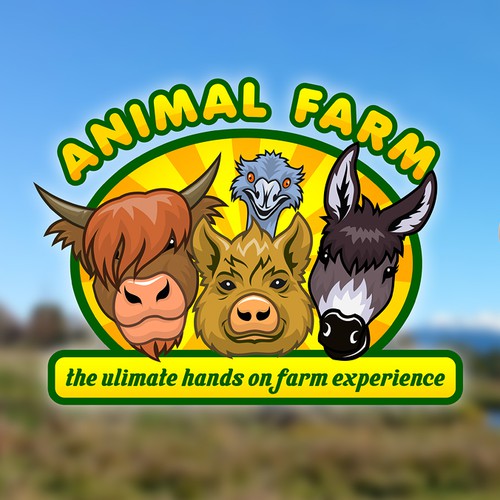 Cow, pig, and chicken logo with the title 'Cartoon Logo for Animal farm park'