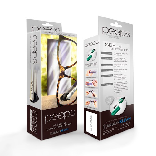 Sophisticated packaging with the title 'Packaging design for eyeglass cleaning tool'