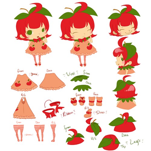 Chibi design with the title 'MASCOT APPLELAND FEMALE VERSION DETAIL'