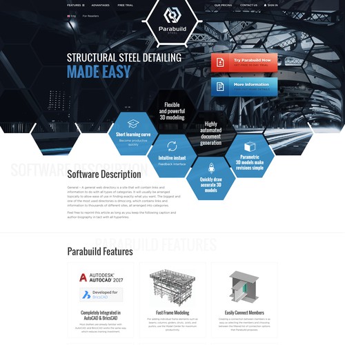 Steel design with the title 'Parabuild website'