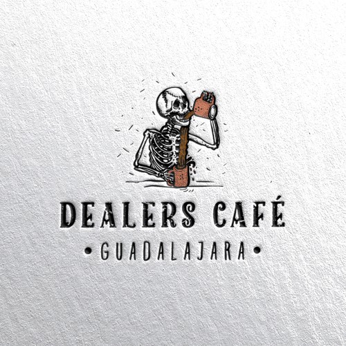Skeleton logo with the title 'Dealers Cafe'