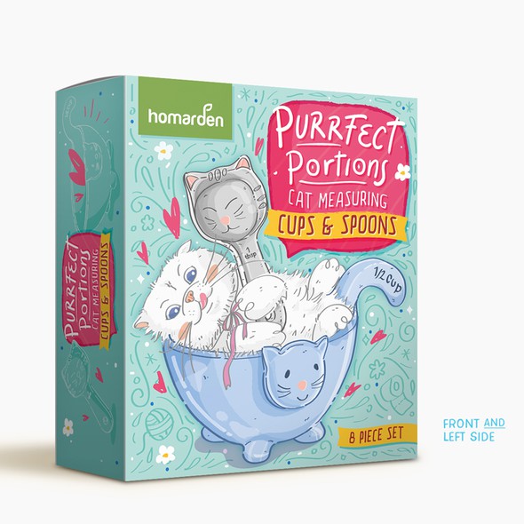Cute packaging with the title 'Fun Packaging for Kitty Cat Measuring Cups and Spoons'