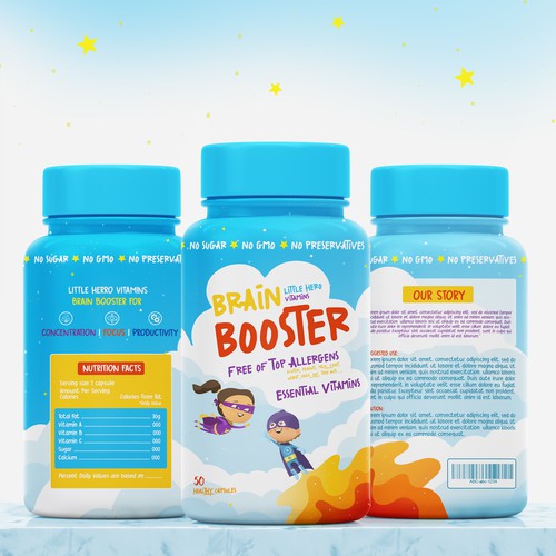 Kids label with the title 'Brain booster capsules for kids'