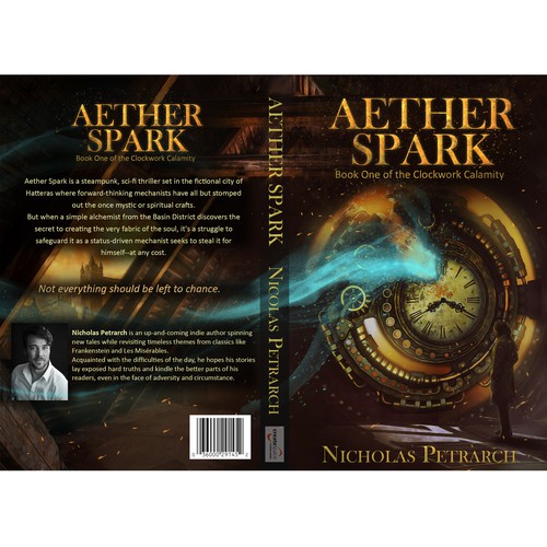Steampunk book cover with the title 'Aether Spark'