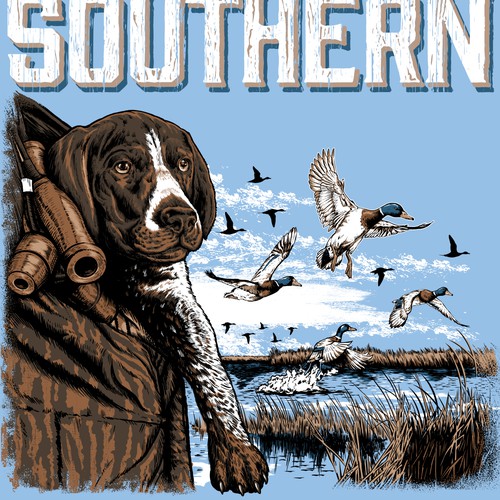 Nature artwork with the title 'Southern Outskirts dog hunting t-shirts.'