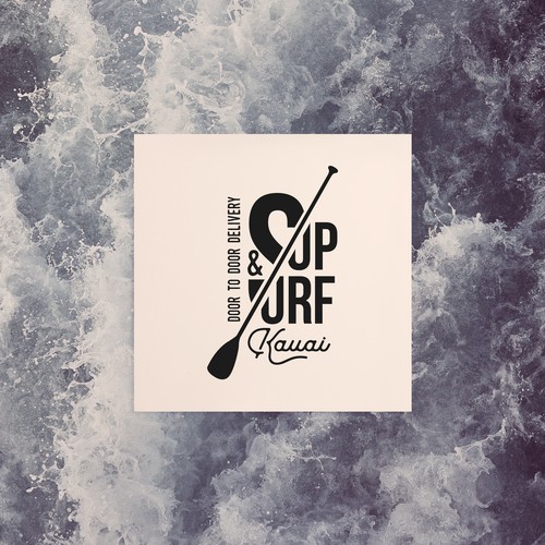 Surfboard logo with the title 'Sup & Surf Kauai'