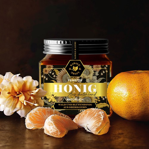 Jar label with the title 'Luxury honey packaging design'