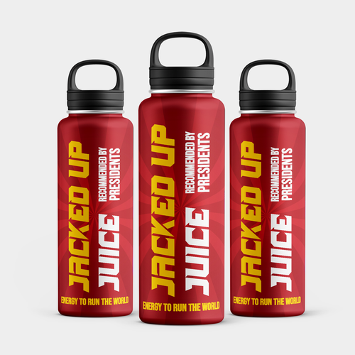 Energy drink packaging with the title 'Jacked Up Juice Energy Drink'