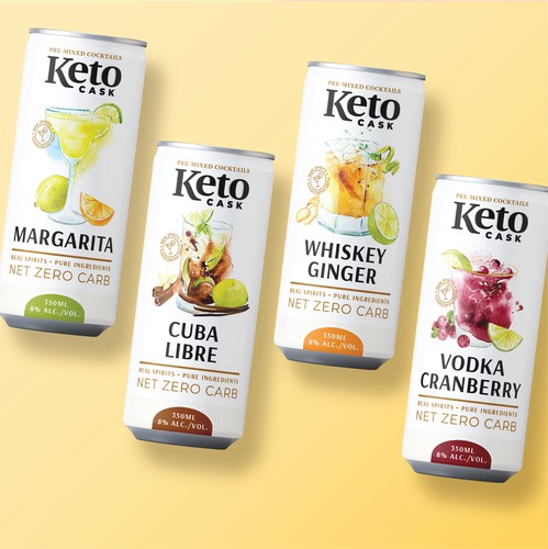 Playful packaging with the title 'Label design for Keto Cask drinks'