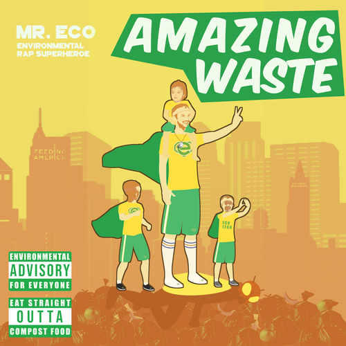 Superhero artwork with the title 'Amazing Waste Album Cover'