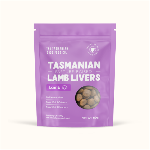 Pet food packaging with the title 'Vibrant Packaging Design for Tasmanian Dog Food Co.'s Healthy and Ethical Dog Treats'