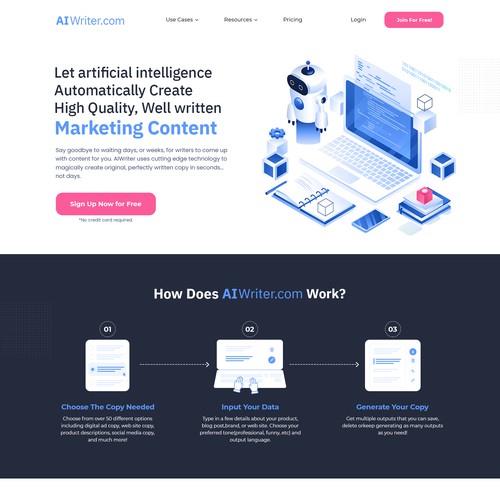 Artificial intelligence website with the title 'Website Design For Artificial Intelligence Writing Site'