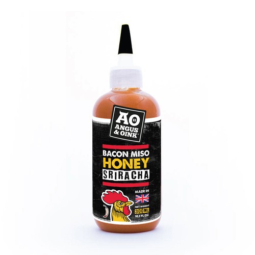 Hot sauce label with the title 'Angus & Oink Sriracha'