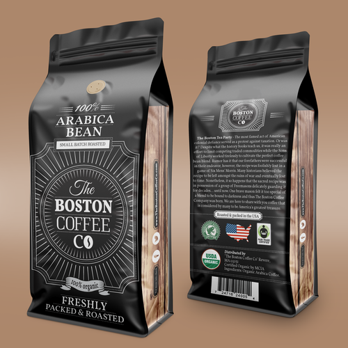 Logo packaging with the title 'TheBostonCoffeCo'