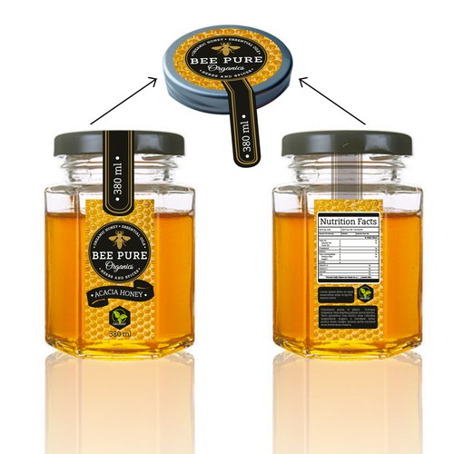 Honey packaging with the title 'Organic Honey - Acacia'