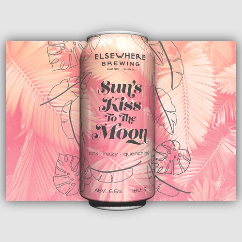Pink label with the title 'Tropical pink leaves beer can label'