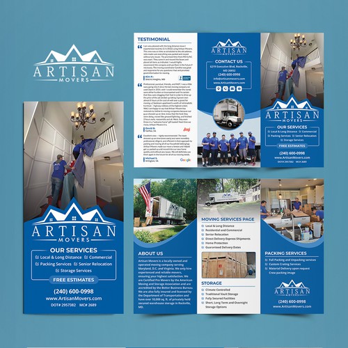 Tri-fold design with the title 'Brochure design to appeal to high-end moving clients in the Washington DC Area'