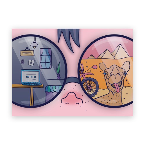 Glasses artwork with the title 'Community contest postcard.'