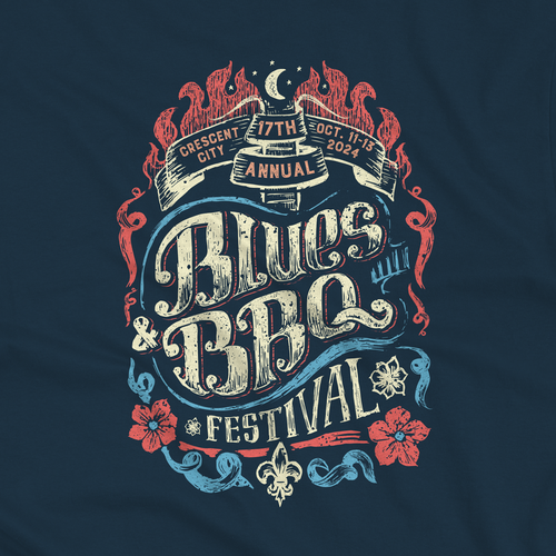 Ink drawing design with the title 'Blues & BBQ Festival T-shirt print design'