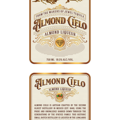 Eye Catching, Dreamy, Whimsical Label For Almond Liqueur Drink.
